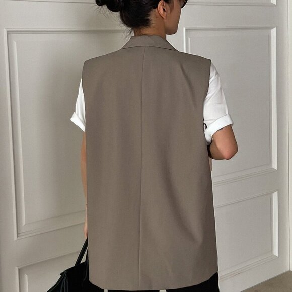 Khaki Casual Women's Double Button Double Pocket Vest Blazer - Picture 8 of 8